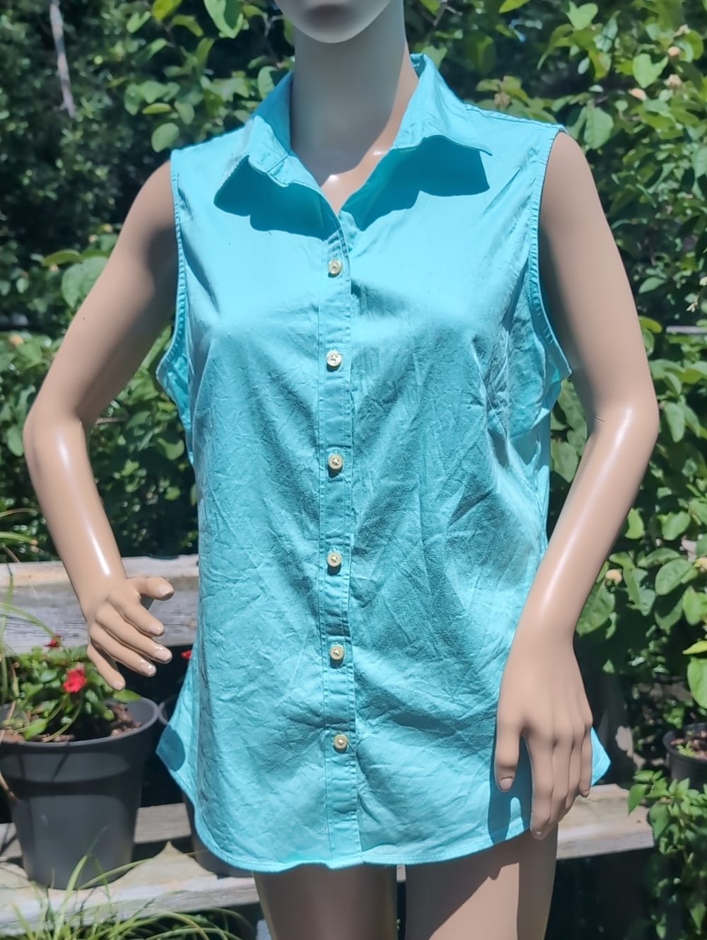 Banana Republic Sleeveless Button-Front Collared Top - Aqua Cotton